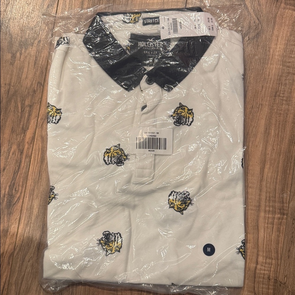 Hollister White Polo with Yellow Tiger Print